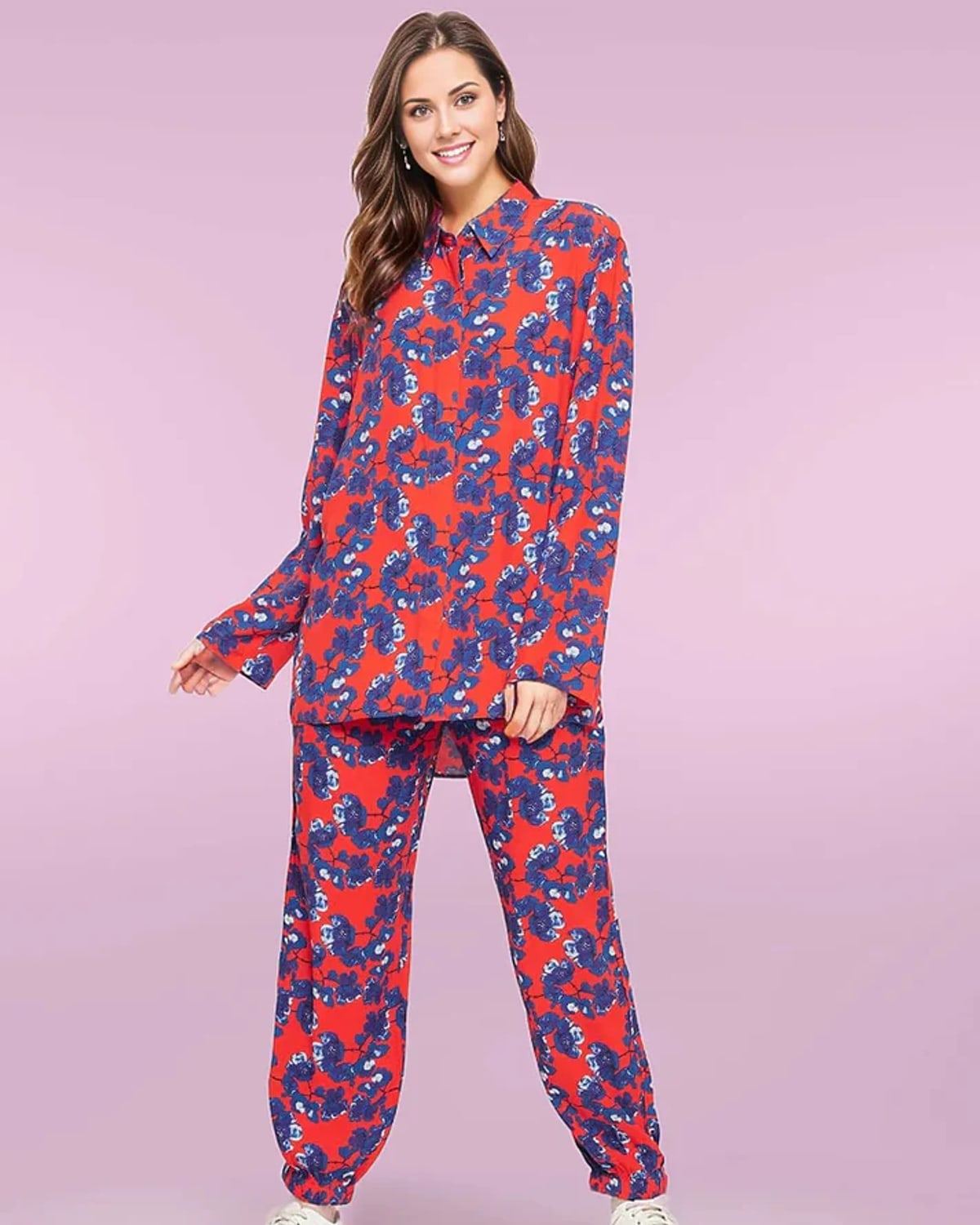 Red and cobalt floral printed oversized shirt with matching jogger co-ord set
