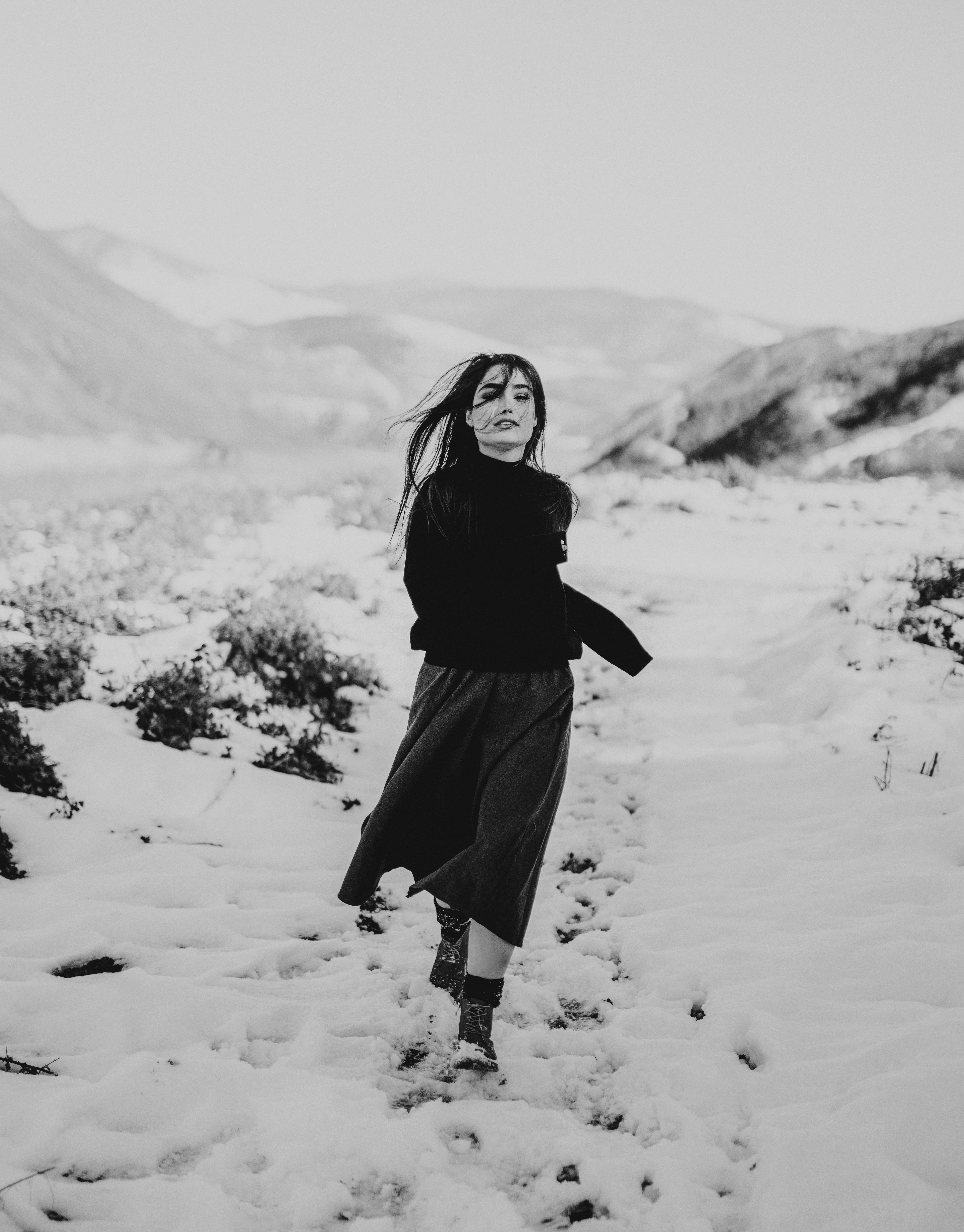 Pearl silk gown on model, snow editorial